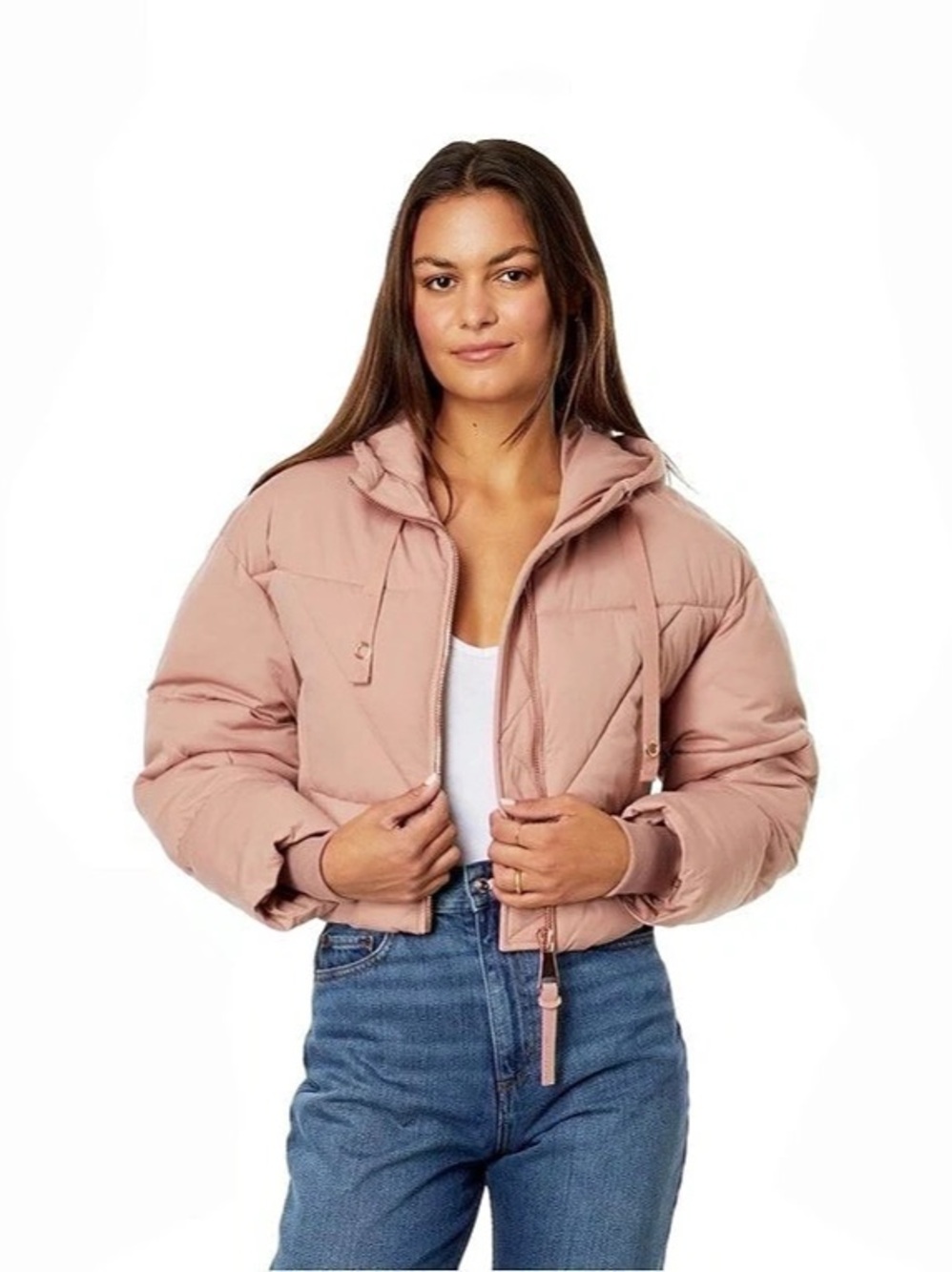 Avec Les Filles Women’s Knit Cropped Puffer Jacket Blush Pink Clay Small